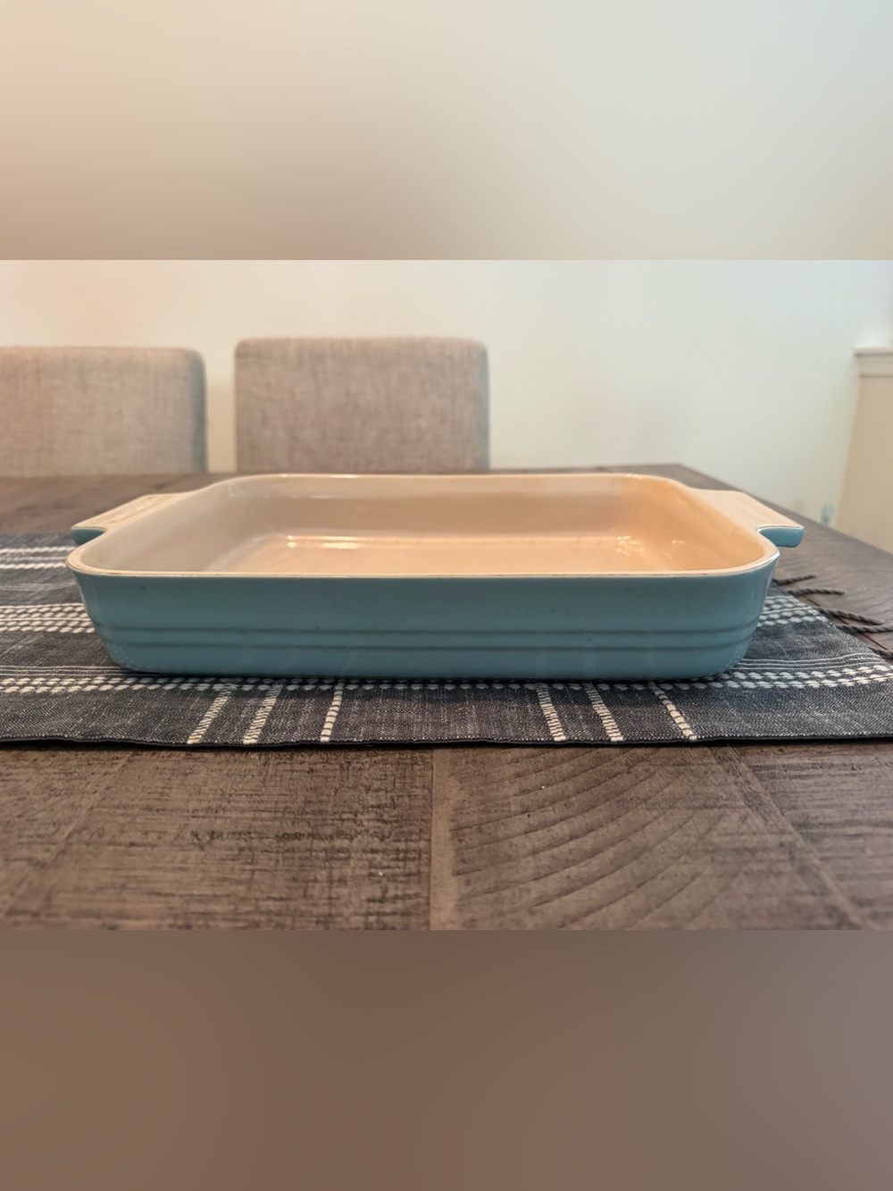 Le Creuset 13 x 9 Baker in light blue. Used but lots of life. #16-27